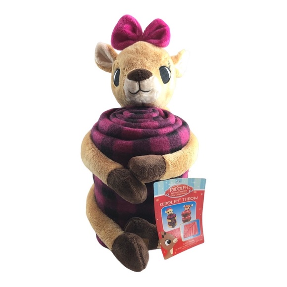 Dan Dee Toy Plush Rudolph Red Nosed Reindeer Clarice Fleece Throw Pink Checked - Picture 2 of 13